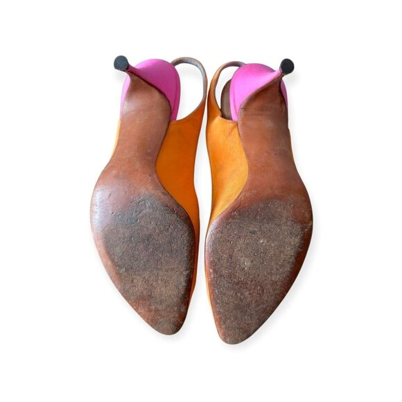 Vintage Saks Fifth Avenue Slingback Heels | Orange Pink Satin | Clear Vinyl Inse - Picture 5 of 14